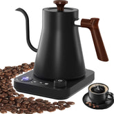 RHD Electric Gooseneck Kettle 0.9L – LCD Display, Real-Time Temp Control, 1200W Fast Heat, 304 Stainless Steel, Matte Black